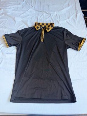 Men's Black Polo with Contrasting Gold-Patterned Trim